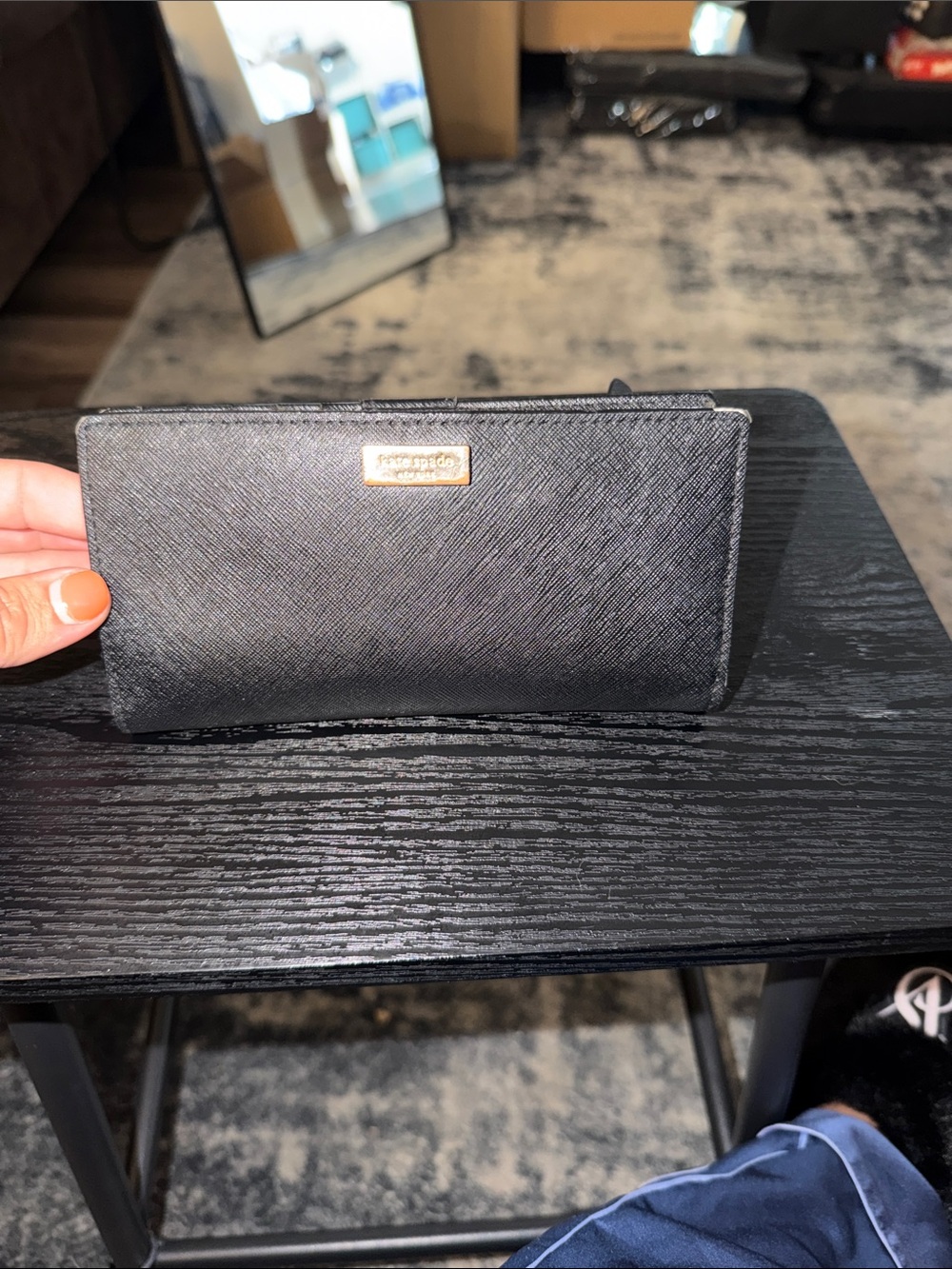 kate spade black wallet with gold logo plaque